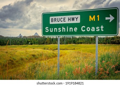 Road sign showing directions to Sunshine Coast, Queensland, Australia along the Bruce Hwy