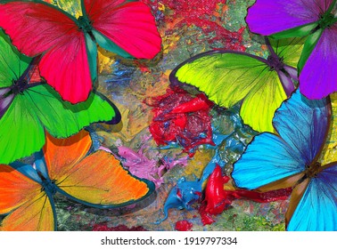 colores del arco iris. concepto de color mariposas morfo tropicales brillantes en la paleta de un artista. Pinturas de arte y fondo de colores de mariposas.