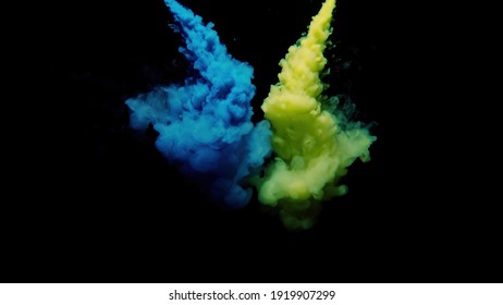 Color paint drops in liquid. Abstract color mix on a black background. Colorful ink in water. Concept of dissolving chemical elements copper sulfate and sulfur in water and explosion supernovae stars