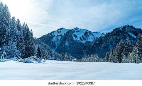 高山の農地に雪のチャペルがある冬のワンダーランド。雪に覆われた木々 と雪に覆われたフィールド オーストリアの山々。ブレゲンツの森にあるフォアアールベルクのアルプス。ベール雲のある晴れた日