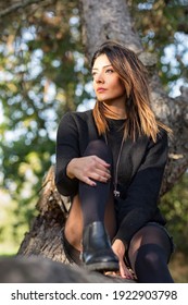 Retrato de hermosa encantadora modelo de niña encantadora sentada en un árbol banch con sol en su rostro en un fondo natural