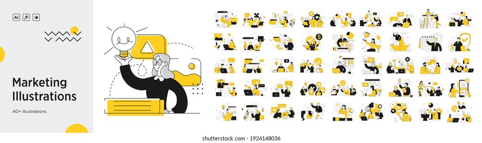 Business Marketing illustrations. Mega set. Collection of scenes with men and women taking part in business activities. Trendy vector style