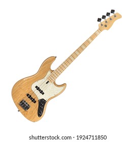 白い背景に分離された木製のエレクトリック ベース ギター