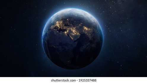 Esfera del planeta Tierra nocturno en el espacio ultraterrestre. Luces de la ciudad en el planeta. Vida de las personas. Elemento del sistema solar. Elementos de esta imagen proporcionados por la NASA