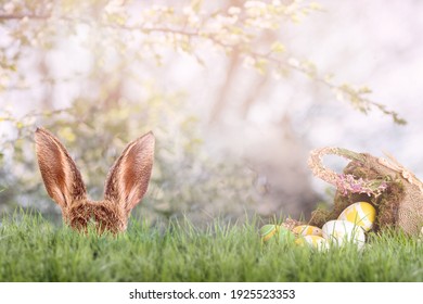 Paashaas verstopt zich achter grassprieten met een paasmandje en paaseieren tijdens Pasen