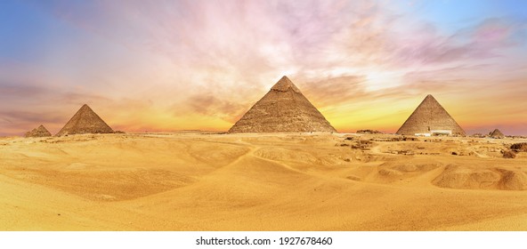 Pyramids of Egypt, sunset in Giza desert, Cairo