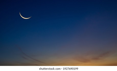 Night Sky with Crescent Moon and Stars Shining, Landscape Dramatic Dark Blue, Purple and OrangeSky, Beautiful Panoramic view of Dusk Sky Twilight Natural background