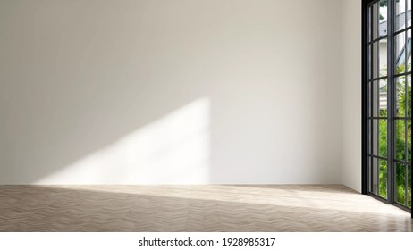 Gambar render 3D ruang tamu kosong dengan sinar matahari menembus pintu geser, lantai kayu, dan dinding putih. Renovasi, Rumah baru, Kredit pemilikan rumah, Properti, Latar belakang, Mockup, Latar belakang, Iklan.