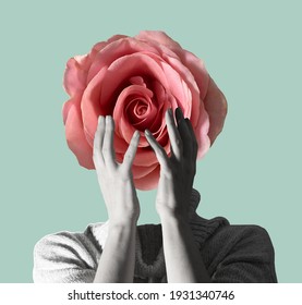 Modern conceptual art poster with a  girl with beautiful flower instead of a head and hands in a mas surrealism style. Contemporary art collage 