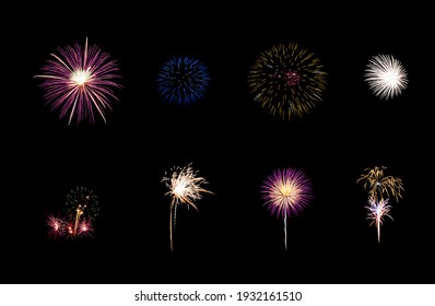 Bộ sưu tập tám pháo hoa lễ hội đầy màu sắc nổ tung trên bầu trời đêm, bị cô lập trên nền đen