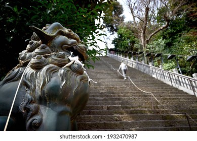 Tokyo, Japonia - 9 martie 2021: Statuia de bronz a unui leu japonez Komainu care îi protejează pe credincioși care urcă cu atenție scările abrupte ale succesului altarului șintoist Atago de pe Muntele Atago.