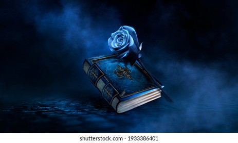 Fantasy magic dark background with a magic rose, flower, old book, old iron mirror. Smoke, smog, night view of a dark street. Reflection of blue neon light. Magic, fortune telling.