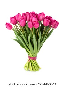 Fresh lush bouquet of pink tulips isolated on white background