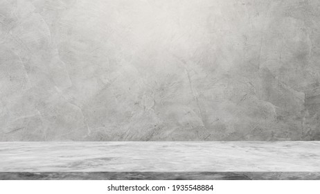 Interiores de habitaciones de pared gris vacíos Estudio de fondo de hormigón y estante de cemento de piso, productos de exhibición de montaje de edición de pozos y texto presente en el espacio libre Fondo