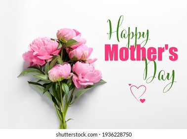 Schönen Muttertag. Blumenstrauß aus schönen Pfingstrosen auf weißem Hintergrund, Ansicht von oben