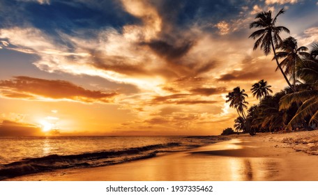 Zonsondergang op het strand. Paradijs strand. Tropisch paradijs, wit zand, strand, palmbomen en helder water.