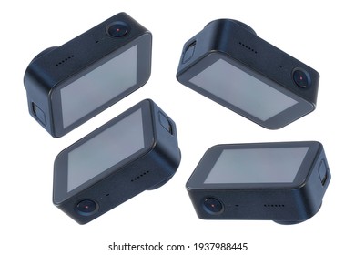 Set van compacte actiecamera's met verschillende hoeken geïsoleerd op een witte achtergrond voor het maken van foto's en video's