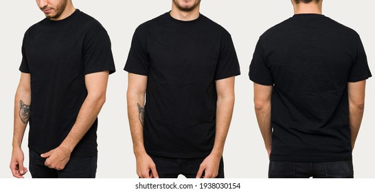 Spaanse jonge man draagt ​​een zwart casual t-shirt. Zijaanzicht, achter- en vooraanzicht van een mock-upsjabloon voor een t-shirtontwerpafdruk
