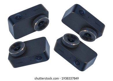 Set van compacte actiecamera's met verschillende hoeken geïsoleerd op een witte achtergrond voor het maken van foto's en video's