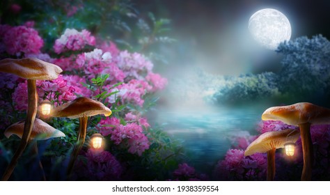 森の湖のある魔法の魅惑的なおとぎ話の風景に提灯を持つ幻想的なキノコ、神秘的な背景にピンクのバラの花が咲く素晴らしいおとぎ話、暗い夜に輝く月の光線