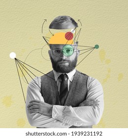 Collage de arte contemporáneo. Joven empresario mirando a la cámara.