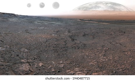 Fantastic Mars planet surface with earth and moons on the background. Mars colonization concept. Elements of this image were furnished by NASA