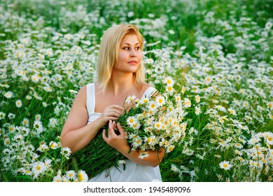 A beautiful plus-size girl with white hair in a summer dress poses outdoors with a bouquet of camomiles. Chubby girl in a meadow with daisies at sunset in the summer.