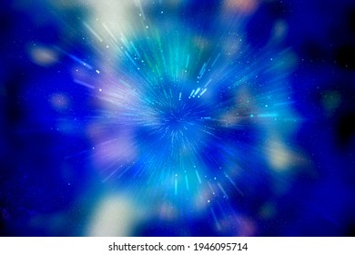 Reisen durch Sternfelder im Galaxienraum als buntes Supernova-Licht, das glüht. Raumnebel blauer Hintergrund, der Bewegungsgrafik mit Sternraumrotationsnebel bewegt