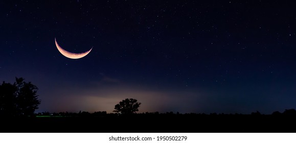 Amazing Crescent Moon on dark blue night sky background.Universe filled with stars, nebula and galaxy with noise and grain.selection focus.