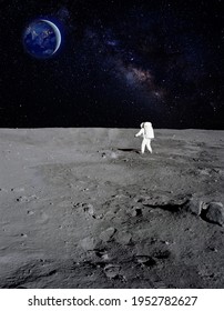 地球を背景に月面を歩く宇宙飛行士。NASA から提供されたこのイメージの要素。