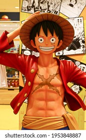 Osaka, Japan - Aug 25, 2020 : Photo of Statue of Monkey D.Luffy from Japanese manga and animation One Piece in Osaka. Luffy is the leader of a Straw hat pirate team.