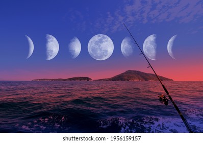 Image of phases of the moon with the sunset seascape : waxing crescent, waxing gibbous, waning gibbous, and waning crescent. Holiday fishing game on boat.