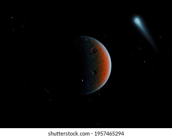 Red planet, covered with craters in space with asteroid and comet.