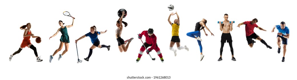 Collage van verschillende professionele sporters, passen mensen in actie en beweging geïsoleerd op een witte achtergrond. Folder. Concept van sport, prestaties, competitie, kampioenschap. Hockey, gymnastiek, tennis.