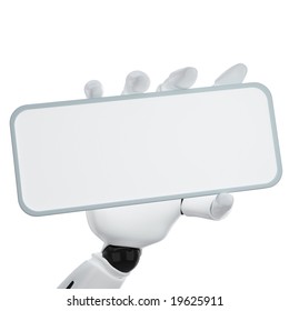 The 3d robotic hand hold blank sign to put your word or logo