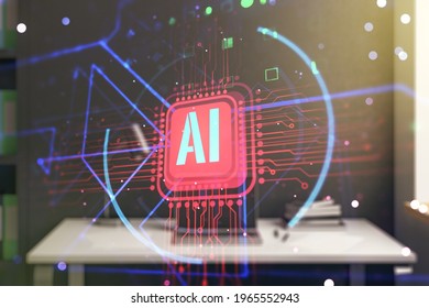 Double exposure of creative artificial Intelligence abbreviation and modern desk with computer on background. Future technology and AI concept