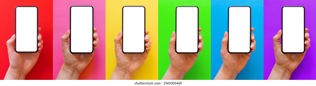 手持ちの携帯電話のモックアップ、異なる明るい色の背景に画像のセット