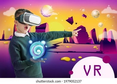 Collage met jongetje dat VR-bril gebruikt