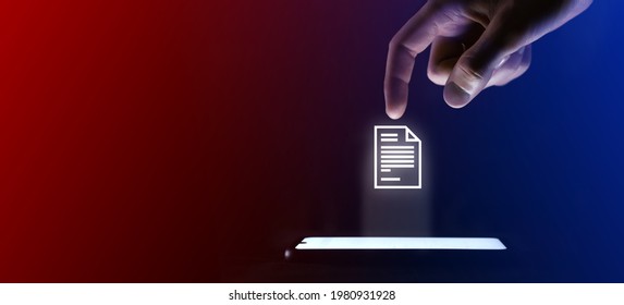 El dedo del hombre hace clic en el icono del documento. Símbolo del documento para el diseño de su sitio web, logotipo, aplicación, interfaz de usuario. Que es una proyección virtual desde un teléfono móvil. Neón, luces azules rojas
