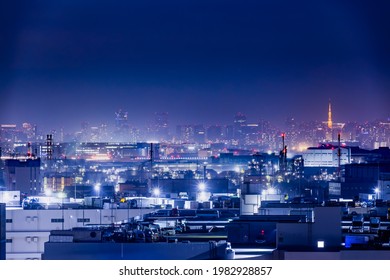 Urban cityscape seen from Kawasaki industrial area at night