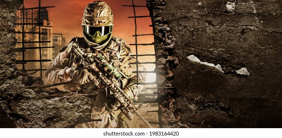 Photo of fully equipped soldier in heavy level 3 armor ammunition standing on red destructed city battlefield background with destructed walls copyspace backdrop.