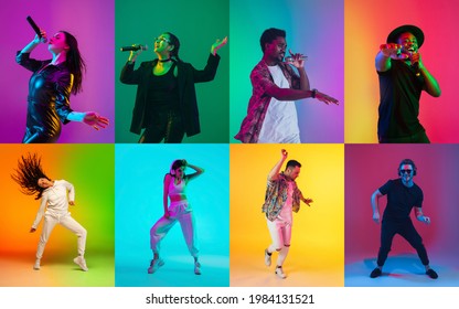 Singers againts dancers. Portraits of different models on multicolored background in neon light. Flyer, collage made of 8 models. Concept of emotions, facial expression, sales, ad and music.
