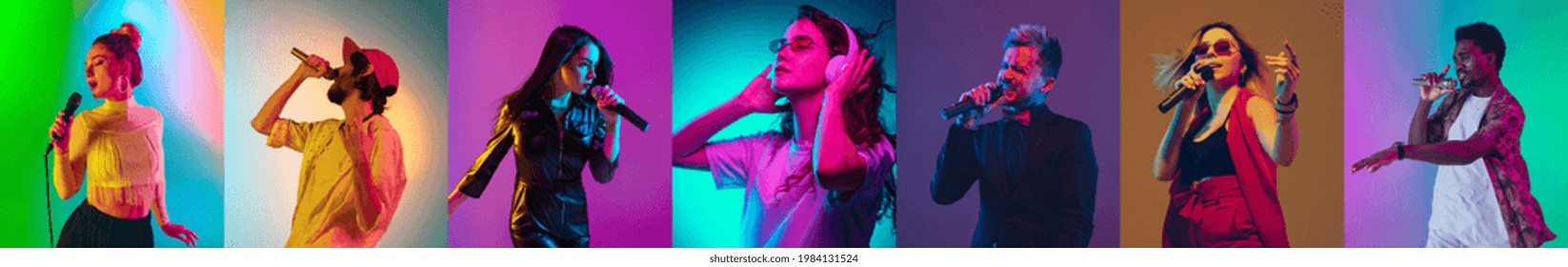 Singers againts dancers. Portraits of different models on multicolored background in neon light. Flyer, collage made of 7 models. Concept of emotions, facial expression, sales, ad and music.