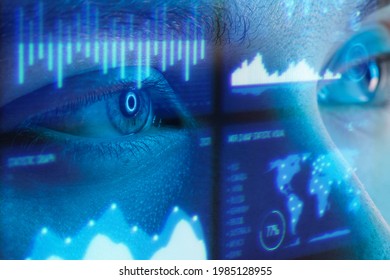 Cryptocurrency, kewangan, teknologi masa depan, konsep idea inovatif. Pandangan dekat mata wanita cantik dan antara muka holografik futuristik untuk memaparkan data. Lampu neon biru.
