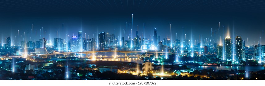 Banner smart city dot point connect with gradient line, connection technology metaverse concept. Bangkok city background at night with big data in Thailand, Panorama view.