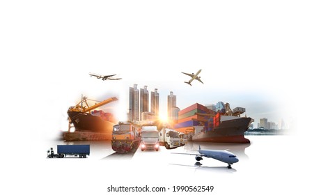 Kinh doanh toàn cầu về tàu chở hàng Container chở hàng cho khái niệm Logistics kinh doanh, Vận tải hàng hóa bằng đường hàng không, Vận tải đường sắt và vận chuyển hàng hải, Đơn đặt hàng trực tuyến trên toàn thế giới