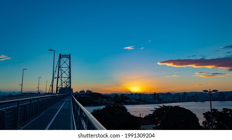 bridge at sunset of Florianópolis Island and Hercílio Luz Bridge, Santa Catarina, Brazil, florianopolis