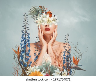顔に花を持つ若い女性の抽象的な現代美術のコラージュの肖像画は、彼女の目を隠します