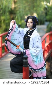 Japan anime cosplay portrait of girl with comic costume with japanese theme garden