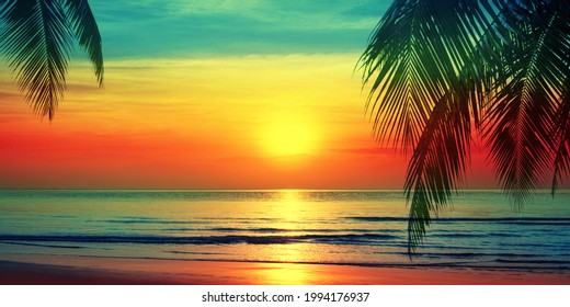 Schöne Sonnenuntergangstrandlandschaft, exotische tropische Inselnatur, blaues Meerwasser, Ozeanwellen, bunter roter gelber Himmel, Palmenblattschattenbild, goldene Sonnenglühreflexion, Sommerferienferien